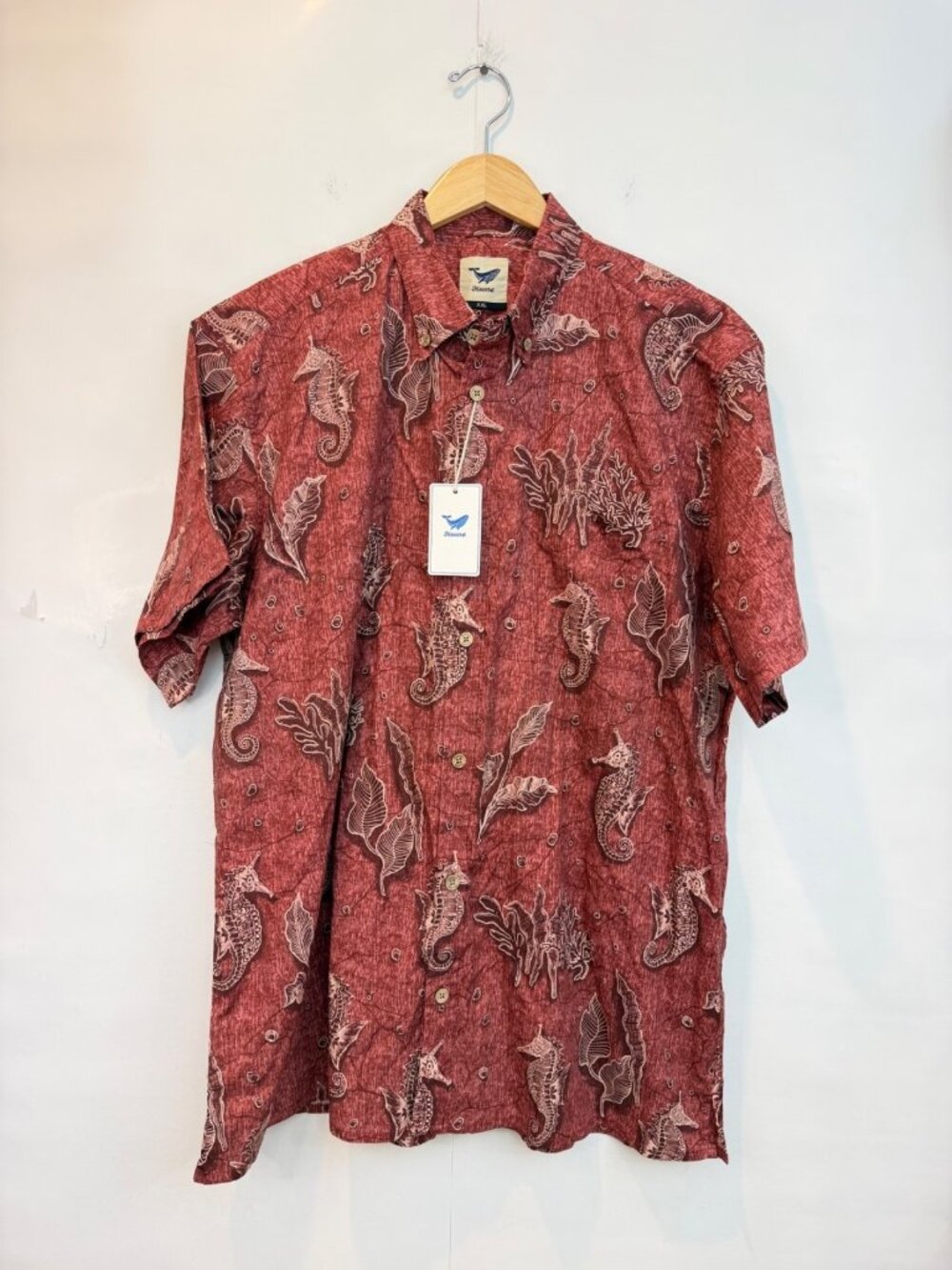 Yiume Men's Short Sleeve Button Down Camp Shirt Cotton Size XXL Red Seahorse NWT